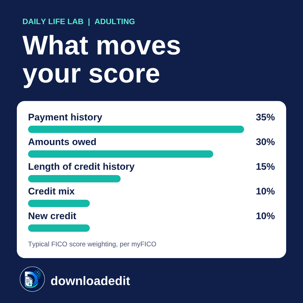 Bar chart of what moves your credit score: payment history 35%, amounts owed 30%, length of history 15%, credit mix 10%, new credit 10%.