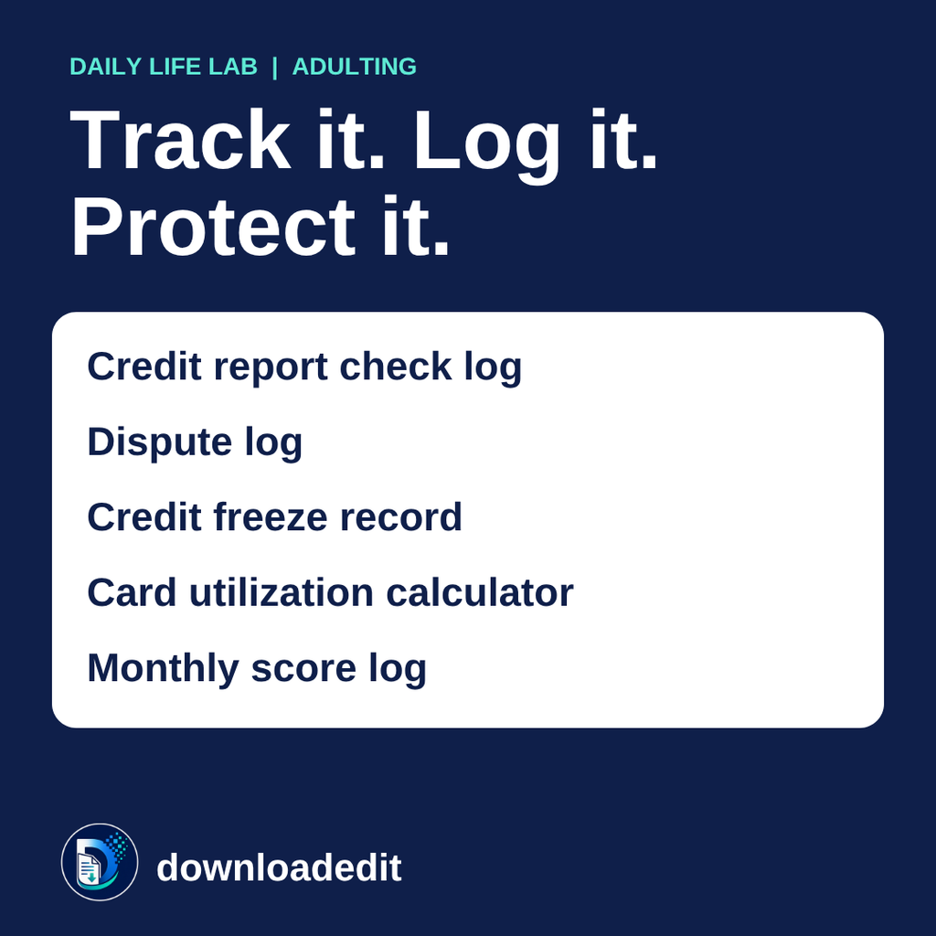 Credit trackers included: report check log, dispute log, freeze record, utilization calculator, monthly score log.