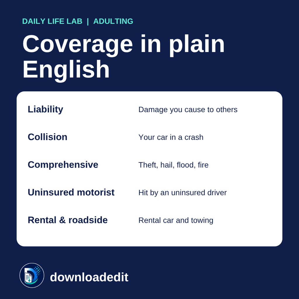 Car insurance coverages in plain English: liability, collision, comprehensive, uninsured motorist, rental and roadside.