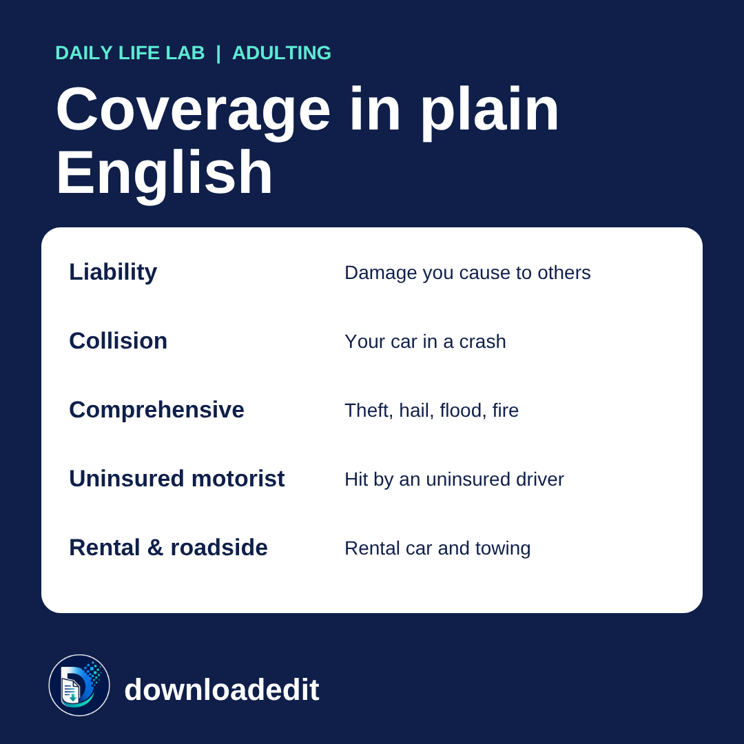 Car insurance coverages in plain English: liability, collision, comprehensive, uninsured motorist, rental and roadside.