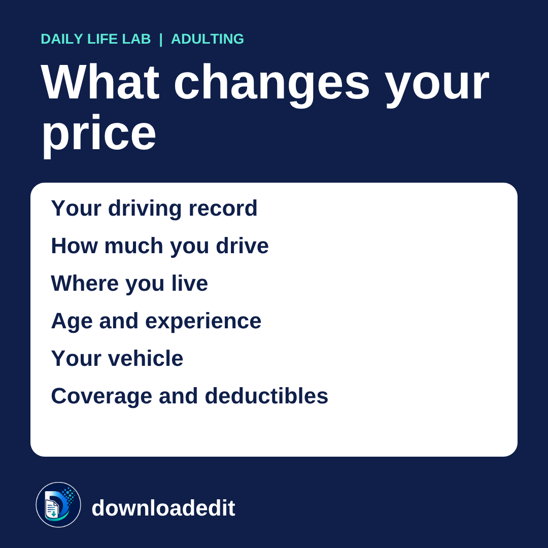 What changes your car insurance price: driving record, mileage, location, age, vehicle, coverage and deductibles.