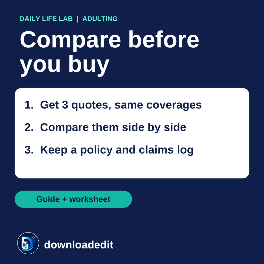 Compare before you buy: get three quotes, compare side by side, keep a policy and claims log.