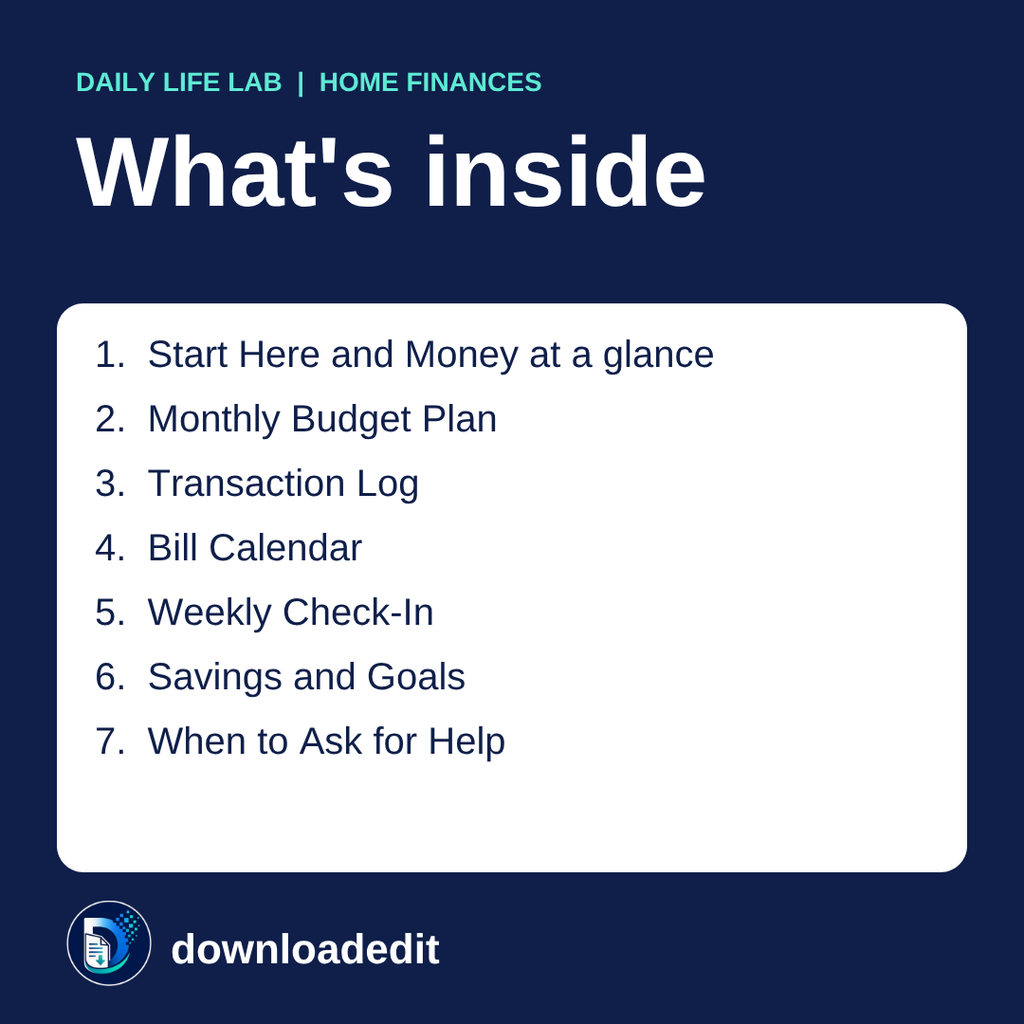 What's inside the Household Budget Workbook: seven sections from Start Here to When to Ask for Help.
