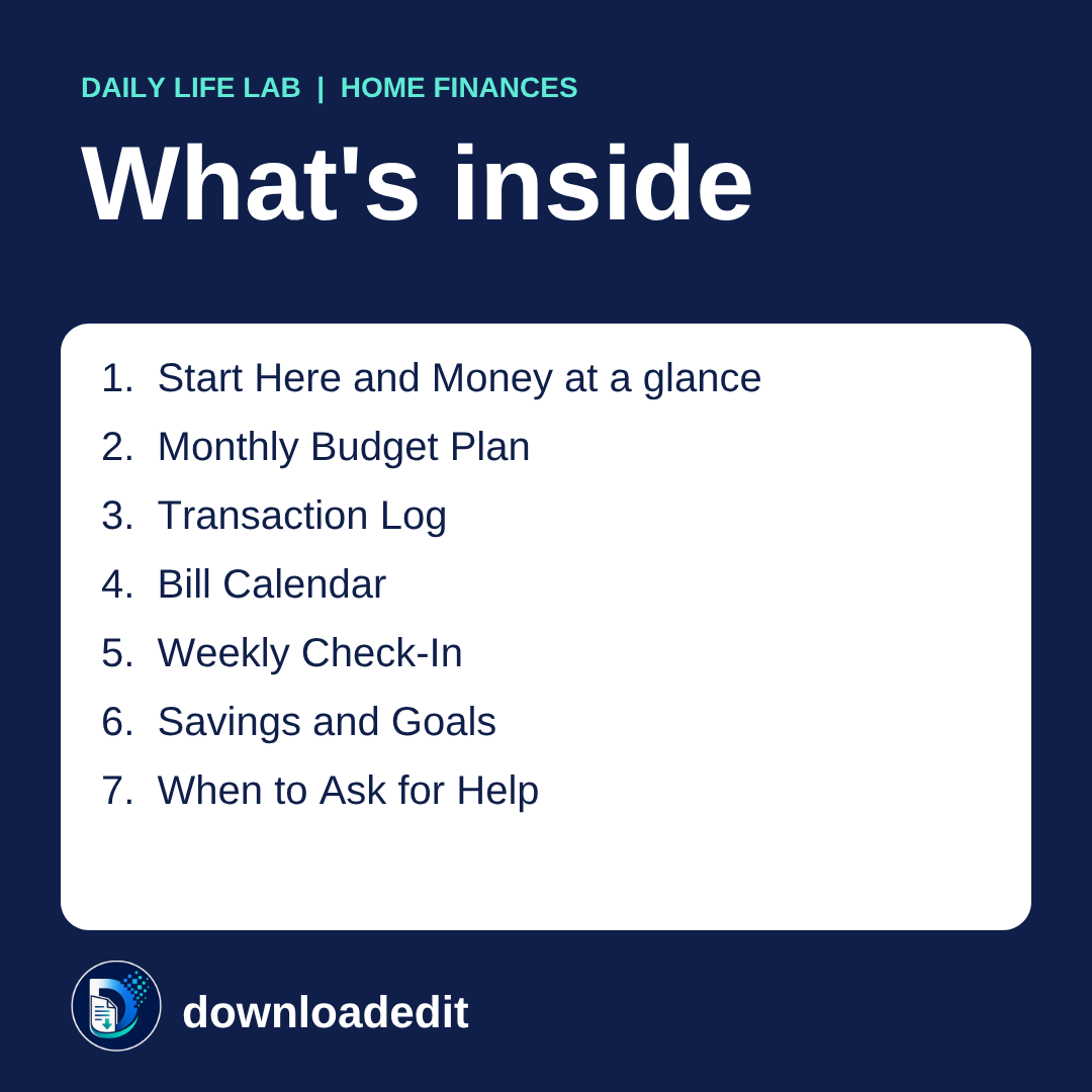 What's inside the Household Budget Workbook: seven sections from Start Here to When to Ask for Help.