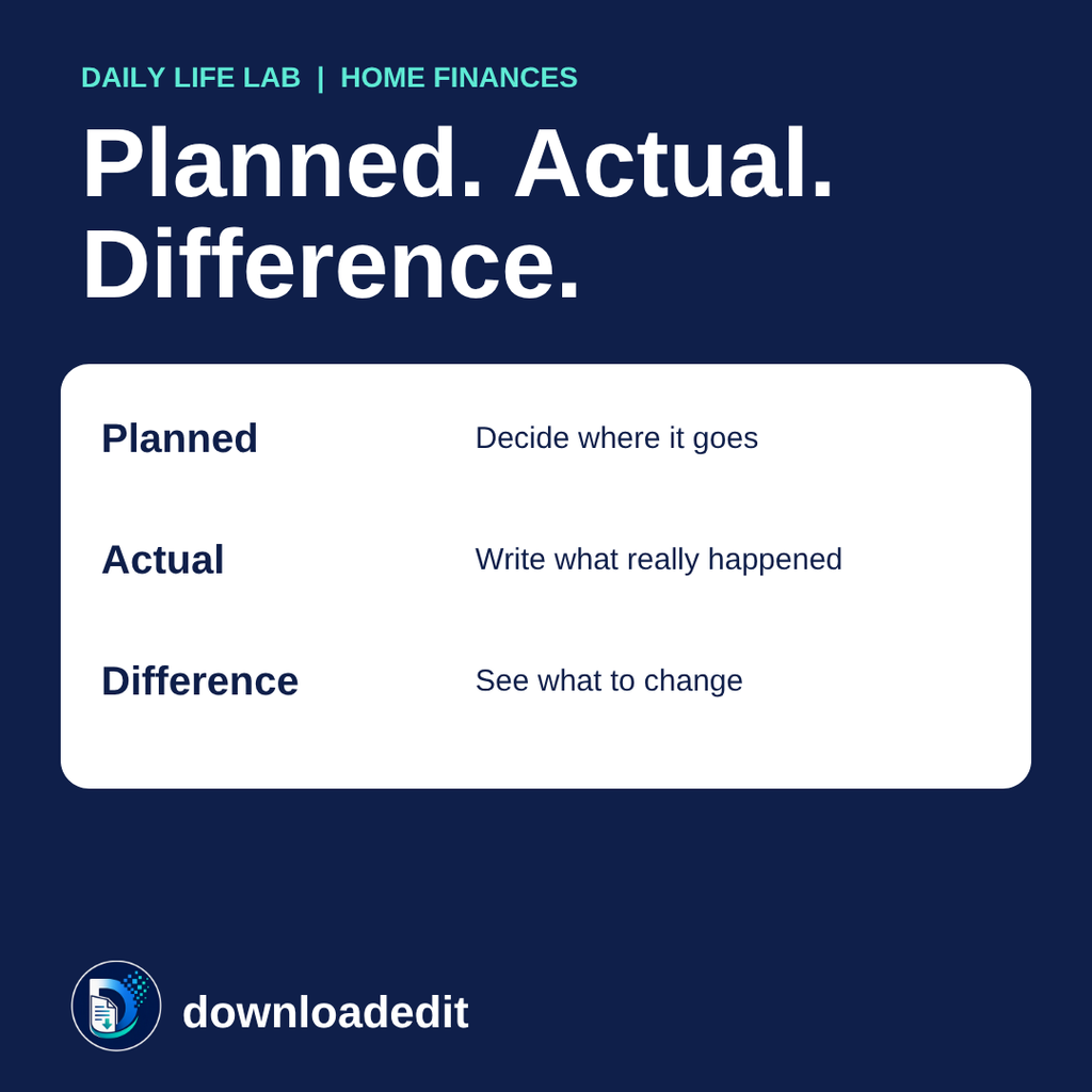 Planned, Actual, Difference: decide where money goes, write what really happened, see what to change.