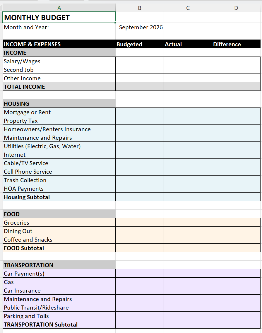 Household Budget Worksheet