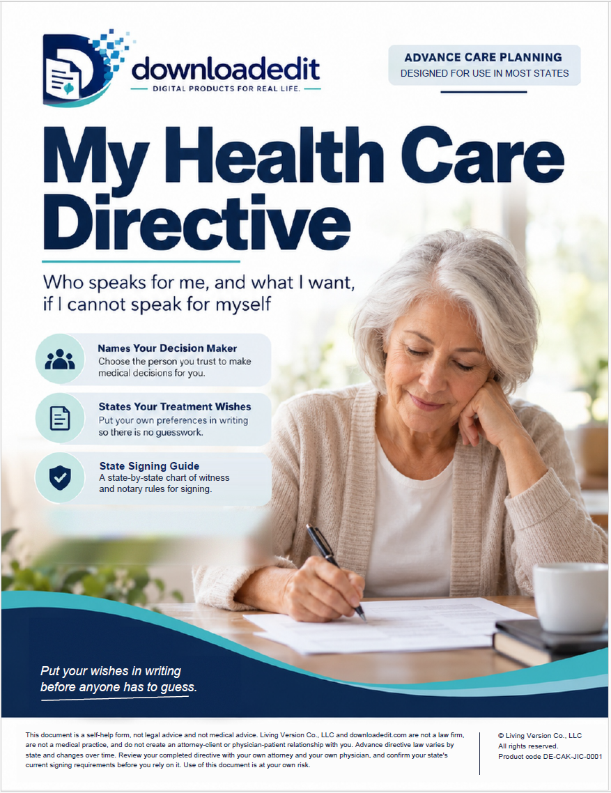 downloadedit My Health Care Directive: who speaks for me, and what I want, if I cannot speak for myself. 34-page fillable PDF with a state signing guide.